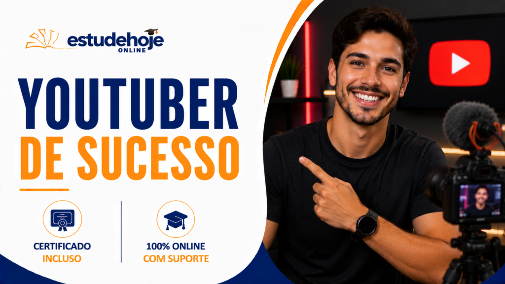 Pessoa criando conteúdo para YouTube com câmera e iluminação profissional